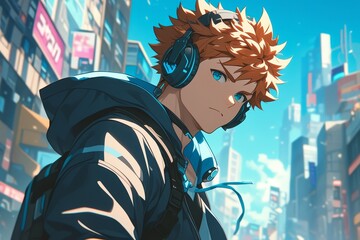 A young man with short orange hair and blue eyes, wearing headphones on his head while walking down the street in an urban setting