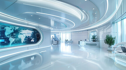 A futuristic office interior with a curved white ceiling and walls.