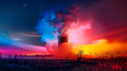 Cooling tower of a nuclear power plant emitting smoke into the sky on a cloudy night. Energy, pollution and enviroment concept.