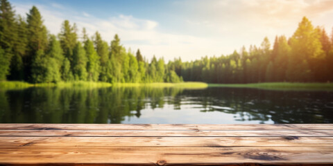 Obraz premium Wooden Dock Over Calm Lake With Green Forest In Background. Rustic Wooden Plank Surface for Product Presentation. Generative A