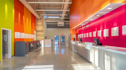 A brightly colored reception with orange and yellow walls inside a contemporary office building, showcasing a clean and welcoming space.