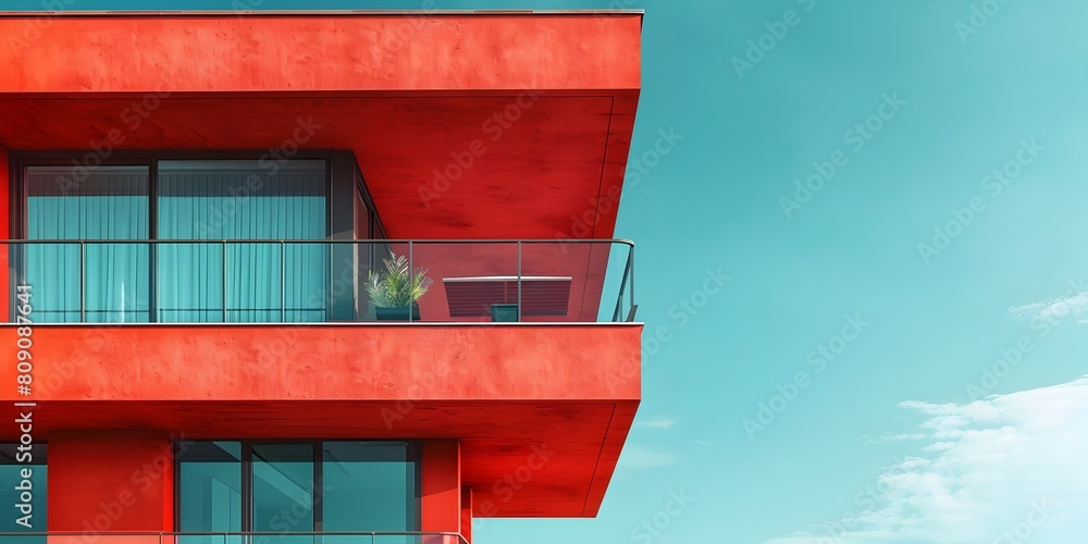 Poster modern minimalist red facade architecture with geometric patterns and contrasting blue sky in urban 