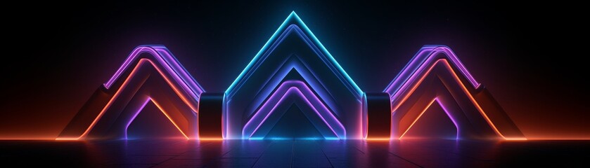 A neon sign with three purple and orange triangles
