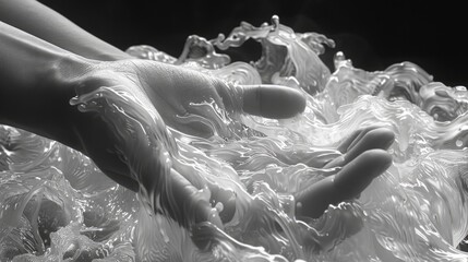 Black and white image of a hand interacting with a surface that looks like water.