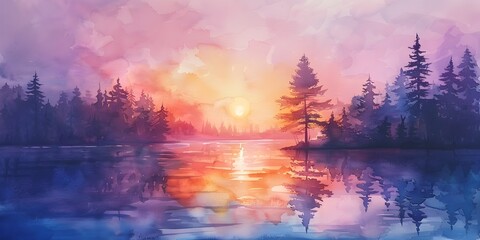 Radiant Watercolor Landscape Reflecting Tranquil Lake at Sunset in the Evergreen Forest