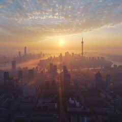 The sun is setting over a city with a tall tower in the background