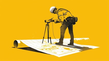 Illustrate a scene where a quantity surveyor is examining a project with a smile a type of tool in hand