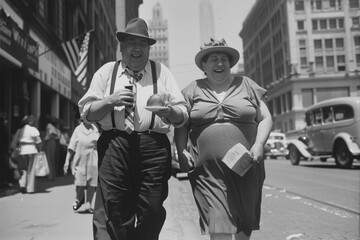 Image Mimicking Vintage Style Depicting an Obese Couple in Early 20th Century American City Eating Junk Food