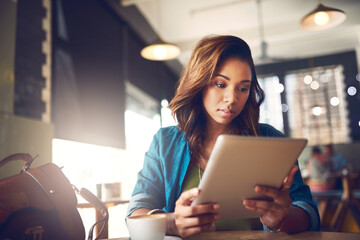 Coffee shop, relax and woman with tablet, internet and connection with ideas, email notification...