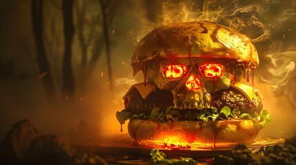 Surreal Fantasy Skull Burger Enveloped in Fiery Apocalyptic Forest Ecosystem