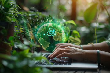 Eco-friendly home office workspace with a woman typing and digital interface of Earth.