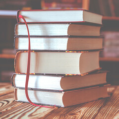 A stack of old books on table against background of bookshelf in library. Conceptual background on...