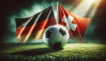 Fototapeta premium Länderflaggen von Deutschland und Schweiz mit einem Fußball in der Mitte, Fußball EM 2024, Europameisterschaft