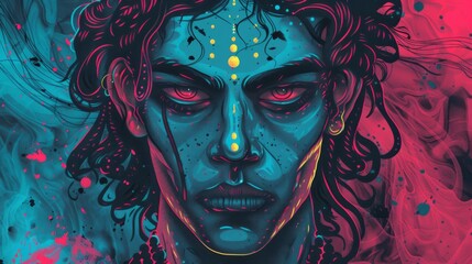 Colorful artwork in Hinduism god reminiscent of a Hindu god artwork.