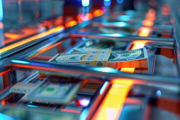Closeup of a machine sorting and counting currency notes in a bank, focus on automation in currency management, 2d illustration
