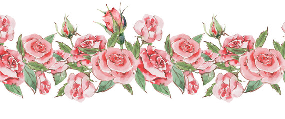 Pink roses Watercolor seamless floral border. Floral bouquet for invitations, greeting and wedding