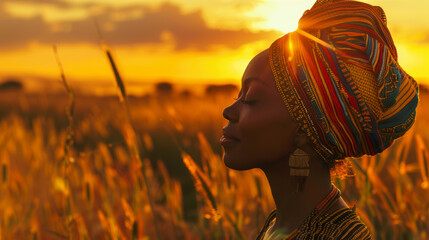 A woman wearing a colorful head scarf is sitting in a field of tall grass - Powered by Adobe
