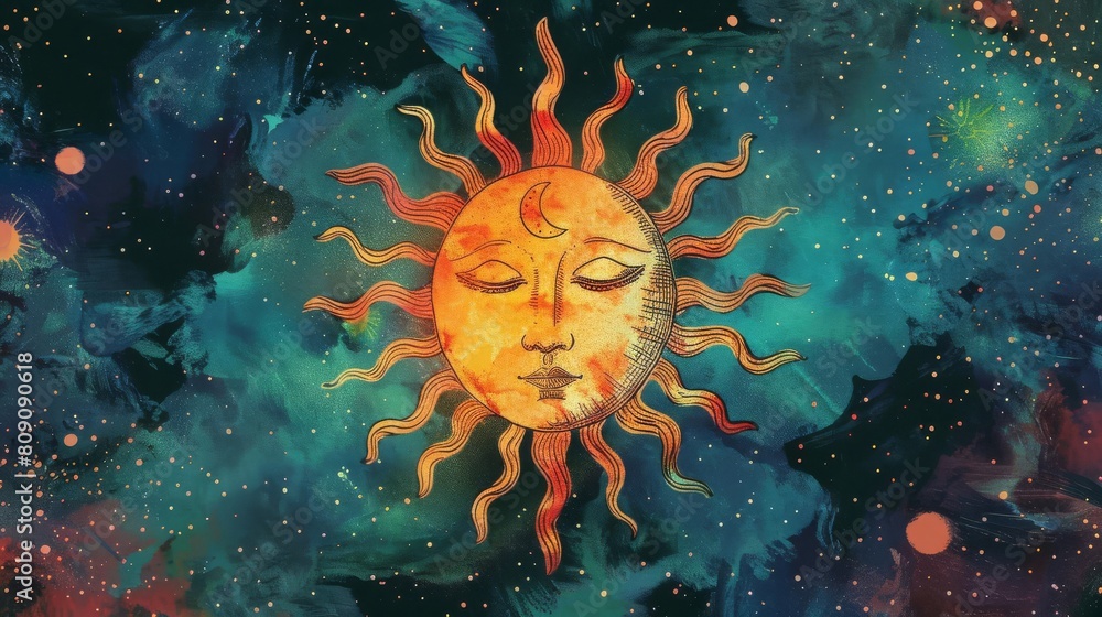 Aufkleber the sun tarot card reading flat design front view mystical theme water color complementary color sch