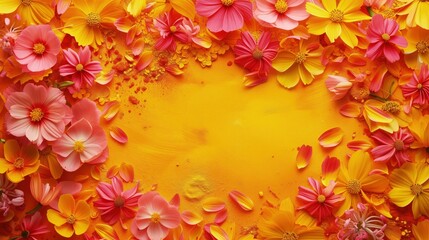 Żółte tło z różowymi i żółtymi kwiatami