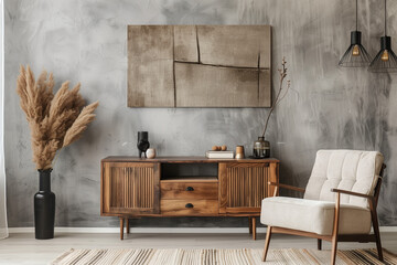 Rustic Modern Living Room with Textured Concrete Walls and Warm Wood Tones

