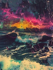 A lone surfer braves the monstrous waves amidst a backdrop of electric thunderstorm, captured in a striking glitch art style. The vibrant colors and dynamic energy exude a powerful, thrilling