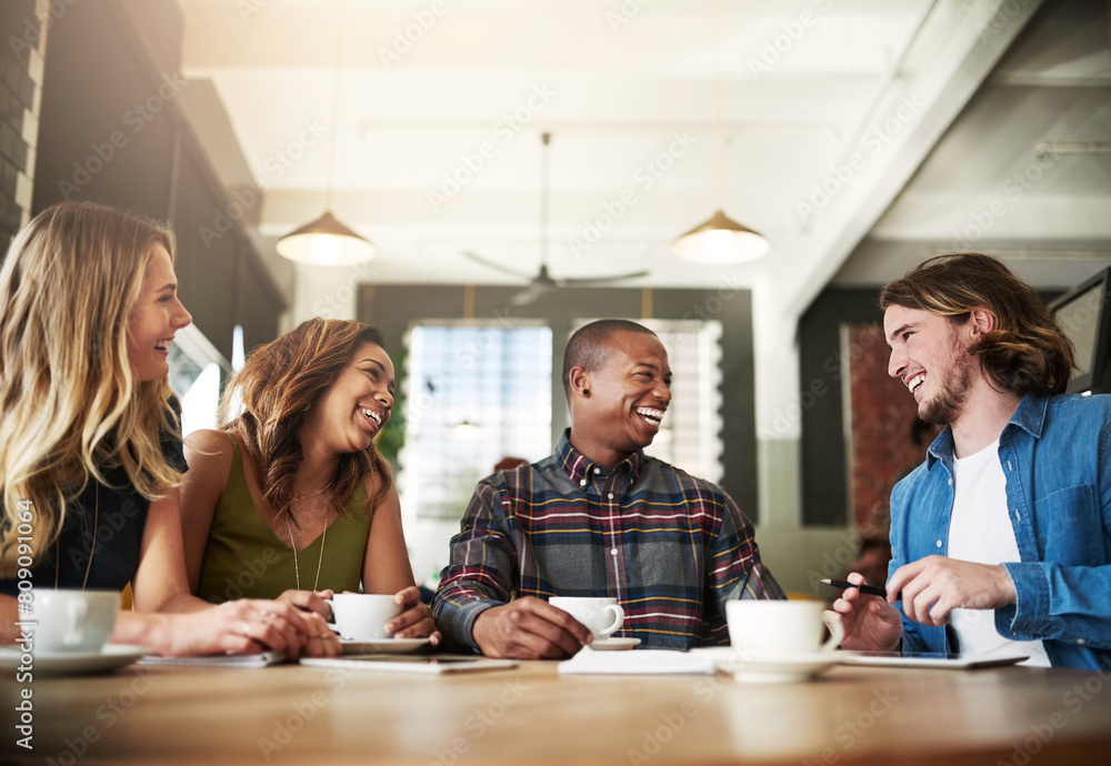 Poster Funny, group and friends drinking coffee in shop for conversation, talking or social gathering together in restaurant. Happy people, students and relax in cafe for chat, news or laugh at gossip story