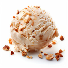 product shoot. scoop of hazelnut ice cream with hazelnut flakes on isolated white background 