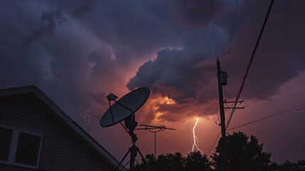 A lone satellite dish stands defiant in the midst of a raging thunderstorm, showcasing nature's raw power against the backdrop of modern technology. The dish remains steadfast amidst the heavy rain