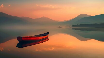 A tranquil lake at twilight reflects the silhouettes of distant mountains, as a lone rowboat drifts...