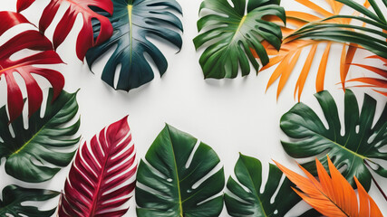 Creative layout made of colorful tropical leaves on white background. Minimal summer exotic concept...