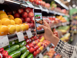 A woman uses a smartphone to take a photo of colorful fruits in a grocery store aisle.
