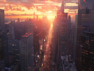 Envision a hyper-realistic sunset descending over a bustling cityscape. Capture the dramatic interplay of light and shadow, reflecting off skyscrapers and busy streets