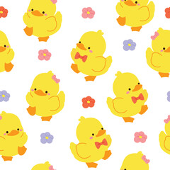 Cute Yellow duck seamless pattern background vector. Animal hand drawn tile wallpaper of duckling, chick, goose in pattern. Cartoon character creative design illustration for fabric, packaging, tiles.
