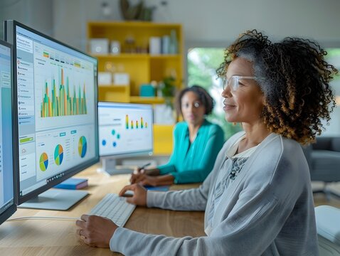 Couple Using Dual Monitor Setup for Efficient Family Financial Management and Planning