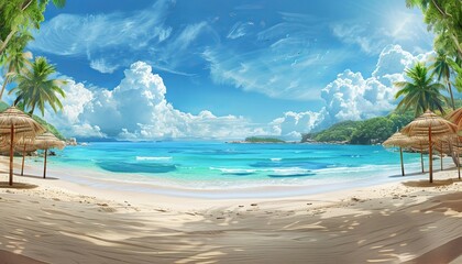 Panoramic view of a pristine beach with white sand, azure water, palm trees, and a clear blue sky with clouds