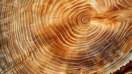 A closeup of a brown hardwood tree stump reveals the intricate pattern of annual rings, showcasing the natural beauty of wood. The varnished trunk displays a circular timeline of events.