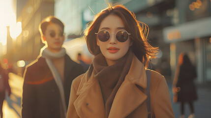 A man and woman pose together on a Europe street. They both wear aviator sunglasses, leather...