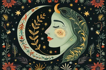 The Moon tarot card art flat design top view folklore theme animation Tetradic color scheme