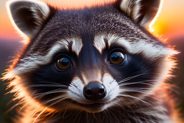 Obraz premium Little cute raccoon on a tree in backlight