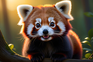 Little cute red panda on a tree in backlight