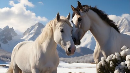 Two spirited horses playfully nuzzling each other against a backdrop of snow-capped mountains