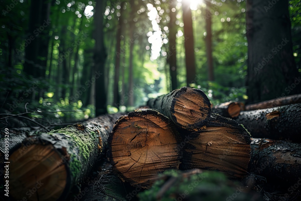 Canvas Prints A serene forest scene with sun rays piercing through the trees, illuminating the cut logs on the forest floor