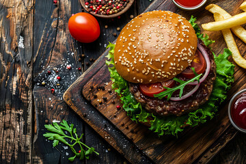 juicy hamburger rests on a wooden cutting board	

