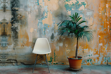 	
simple scene with a white chair and a potted plant in front of a solid wall.	
