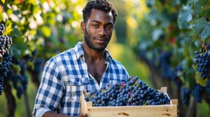Man Holding Grapes in Vineyard