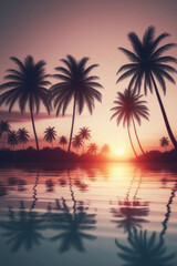 Obraz premium Sunset over the palm trees on an exotic beach, with a colorful sky and reflections in the water.