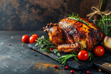 roasted whole chicken rests on a wooden cutting board