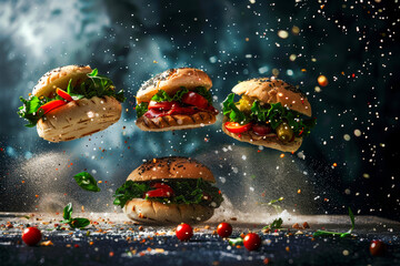 flurry of hamburgers in mid-air, all different sizes and stacked with various toppings.