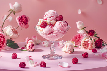 glass bowl filled with pink ice cream and fresh raspberries