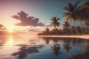 Obraz premium Sunset over the palm trees on an exotic beach, with a colorful sky and reflections in the water.